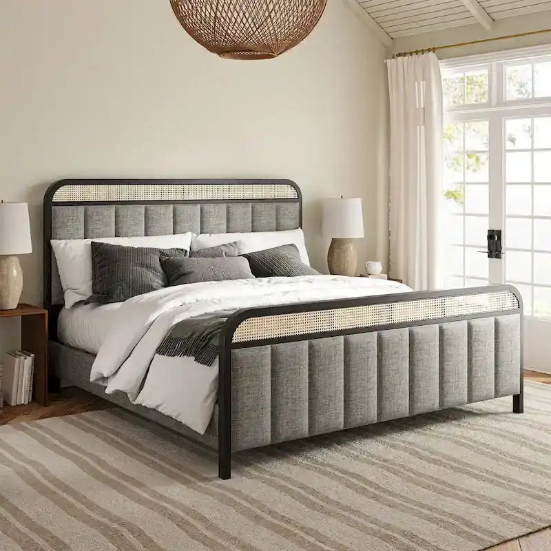 Modern Solid Wood And Rattan Bed (With Led Headboard)