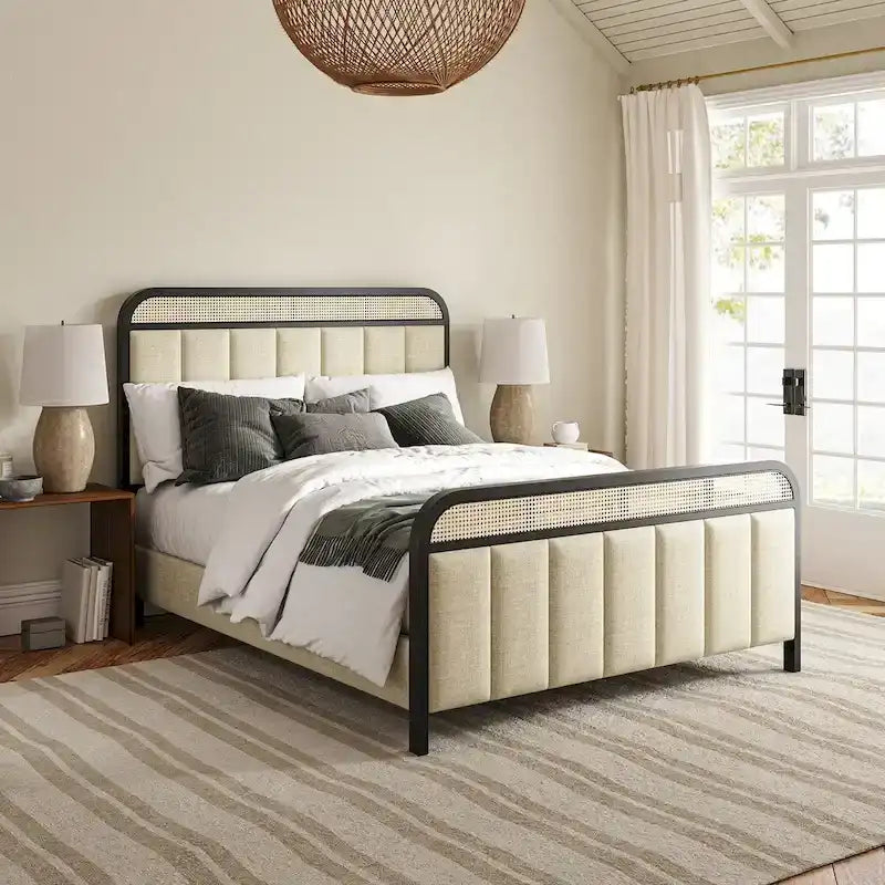 Modern Solid Wood And Rattan Bed (With Led Headboard)