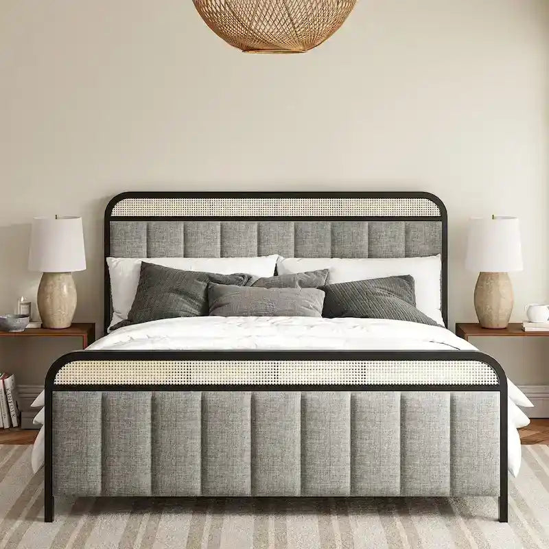 Modern Solid Wood And Rattan Bed (With Led Headboard)