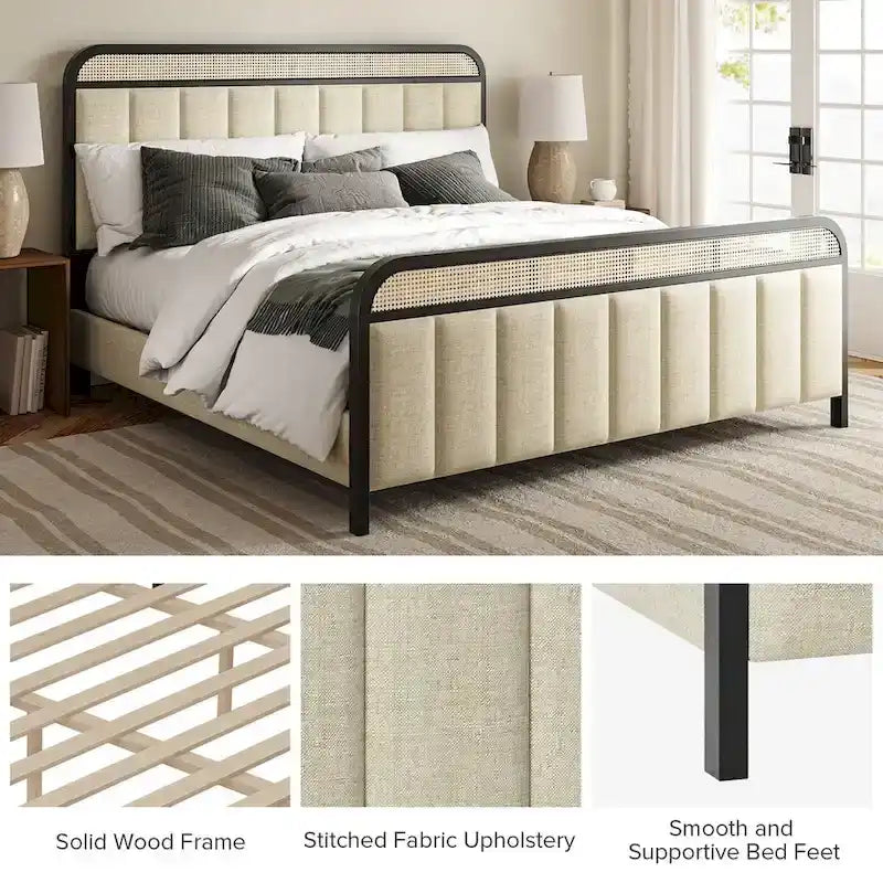 Modern Solid Wood And Rattan Bed (With Led Headboard)