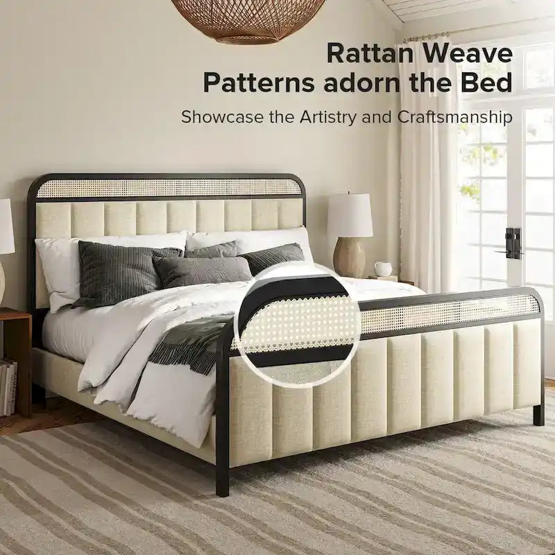 Modern Solid Wood And Rattan Bed (With Led Headboard)