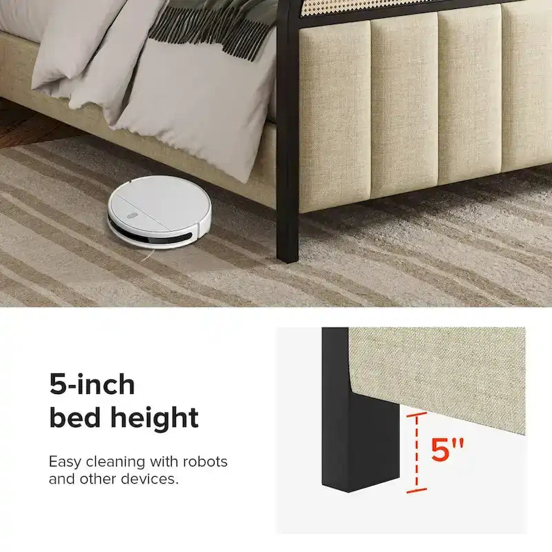 Modern Solid Wood And Rattan Bed (With Led Headboard)