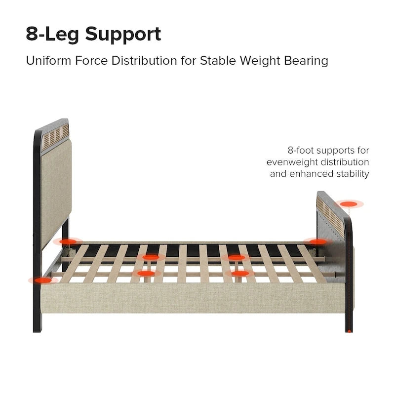 Modern Solid Wood And Rattan Bed (With Led Headboard)