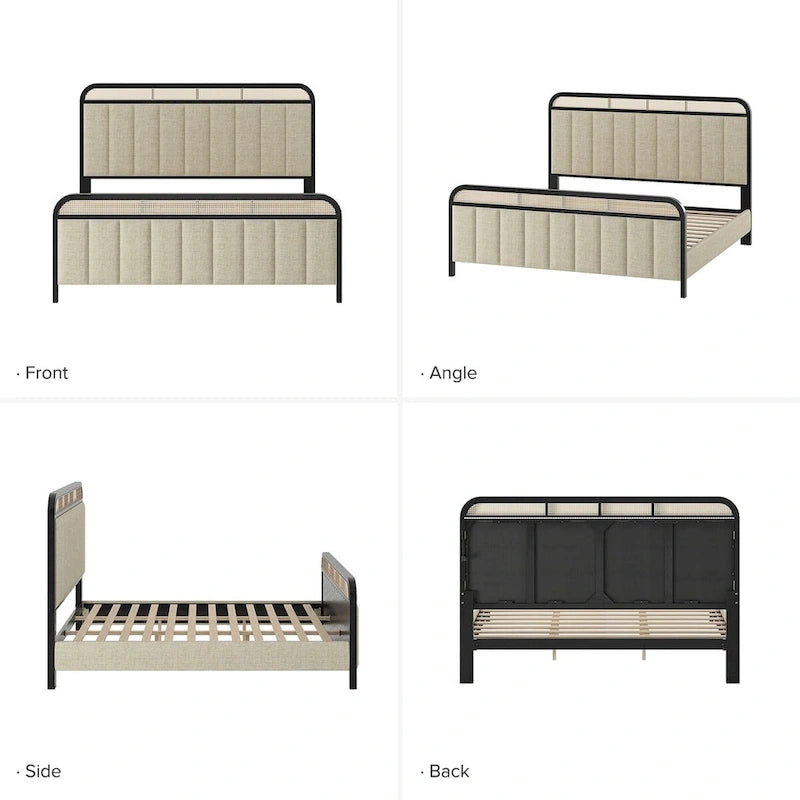 Modern Solid Wood And Rattan Bed (With Led Headboard)