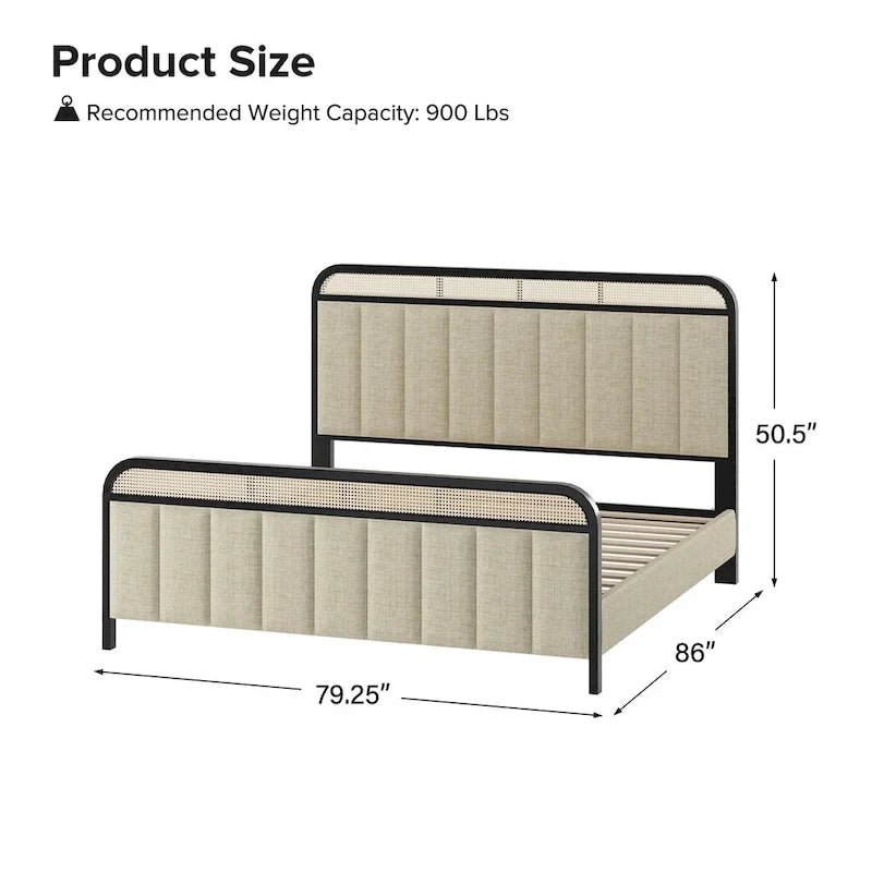 Modern Solid Wood And Rattan Bed (With Led Headboard)