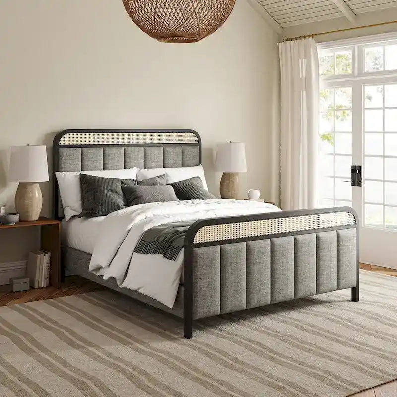 Modern Solid Wood And Rattan Bed (With Led Headboard)