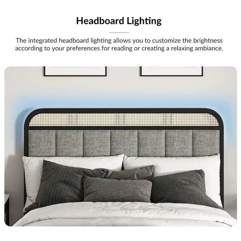 Modern Solid Wood And Rattan Bed (With Led Headboard)