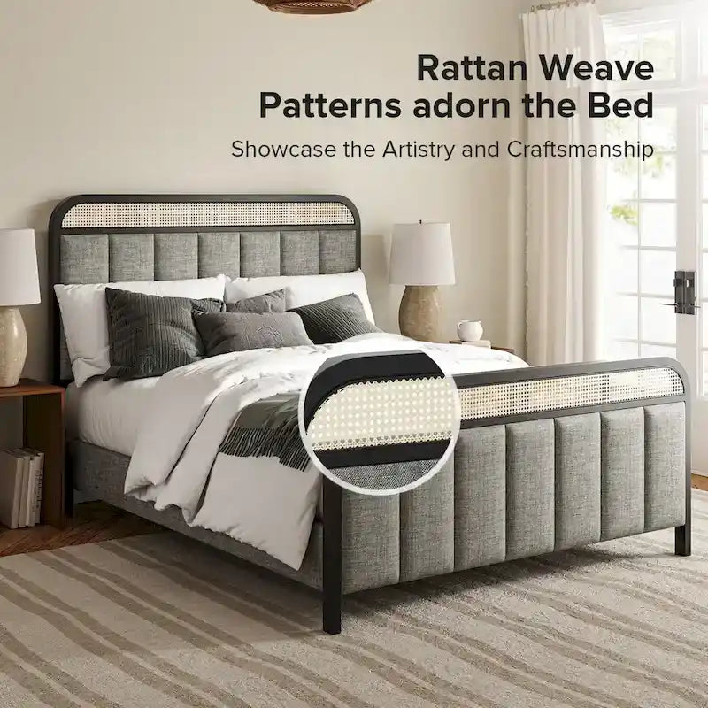 Modern Solid Wood And Rattan Bed (With Led Headboard)