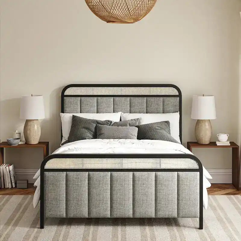 Modern Solid Wood And Rattan Bed (With Led Headboard)