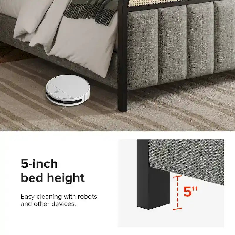 Modern Solid Wood And Rattan Bed (With Led Headboard)