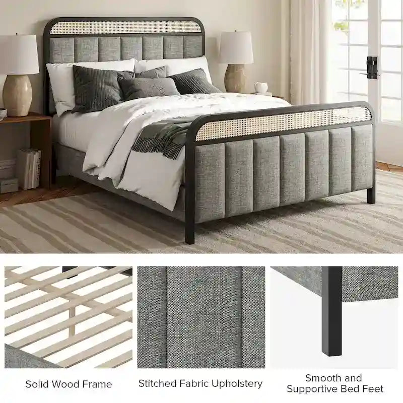 Modern Solid Wood And Rattan Bed (With Led Headboard)