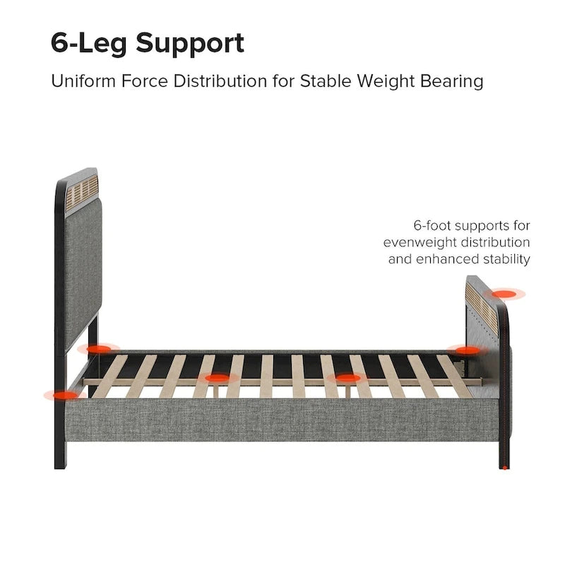 Modern Solid Wood And Rattan Bed (With Led Headboard)