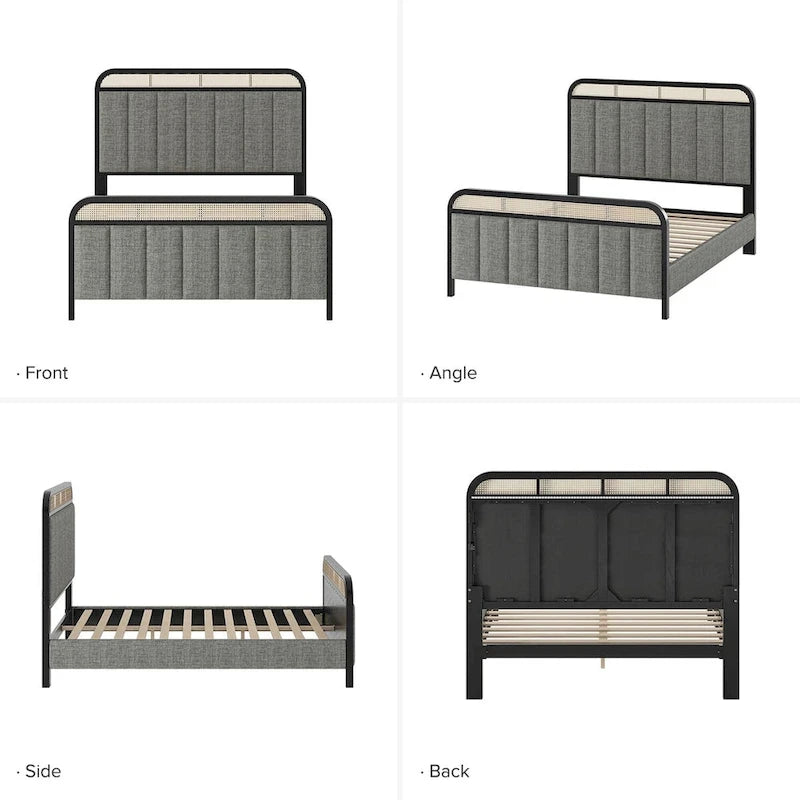 Modern Solid Wood And Rattan Bed (With Led Headboard)