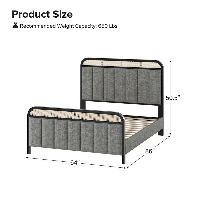 Modern Solid Wood And Rattan Bed (With Led Headboard)