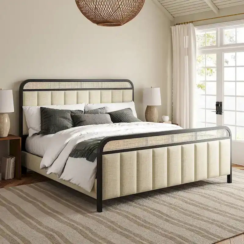 Modern Solid Wood And Rattan Bed (With Led Headboard)