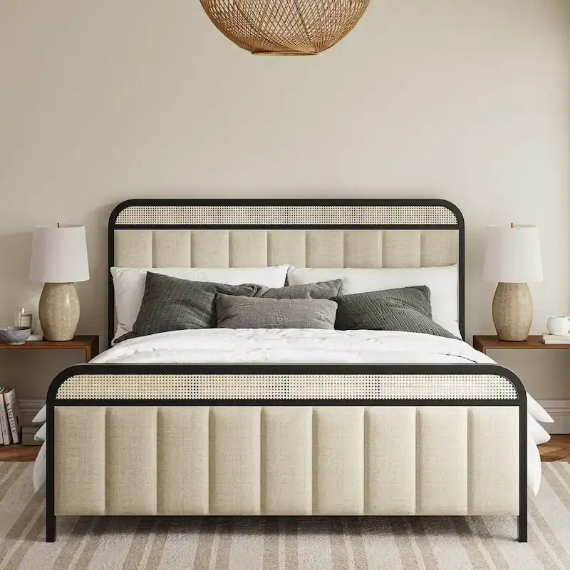 Modern Solid Wood And Rattan Bed (With Led Headboard)