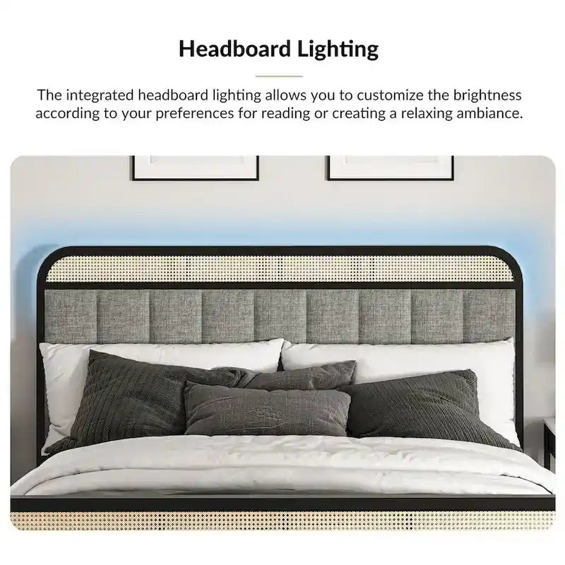 Modern Solid Wood And Rattan Bed (With Led Headboard)