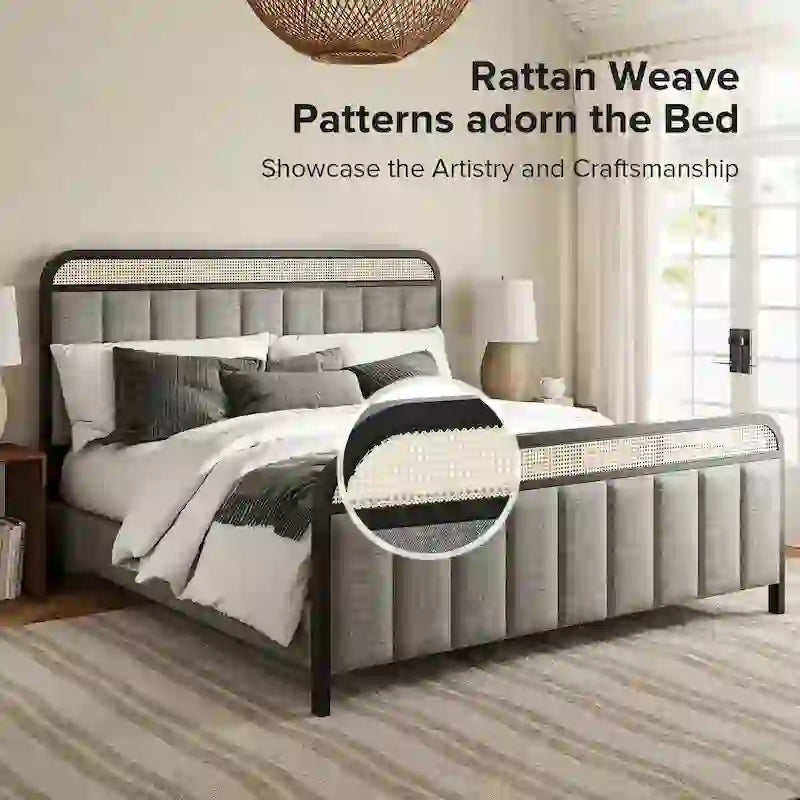 Modern Solid Wood And Rattan Bed (With Led Headboard)