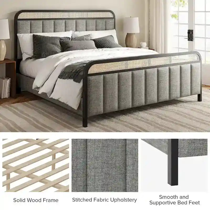 Modern Solid Wood And Rattan Bed (With Led Headboard)