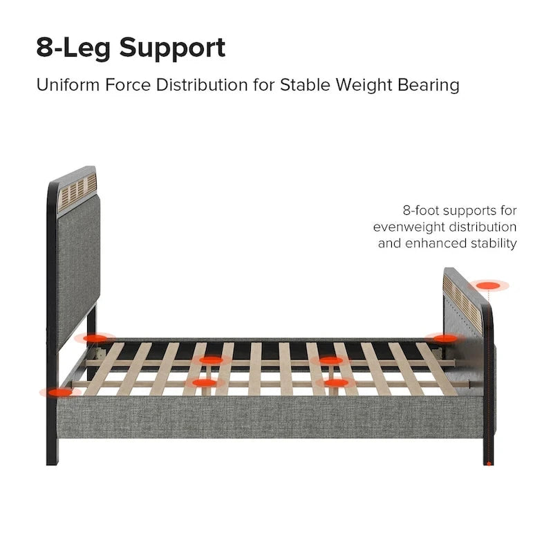 Modern Solid Wood And Rattan Bed (With Led Headboard)