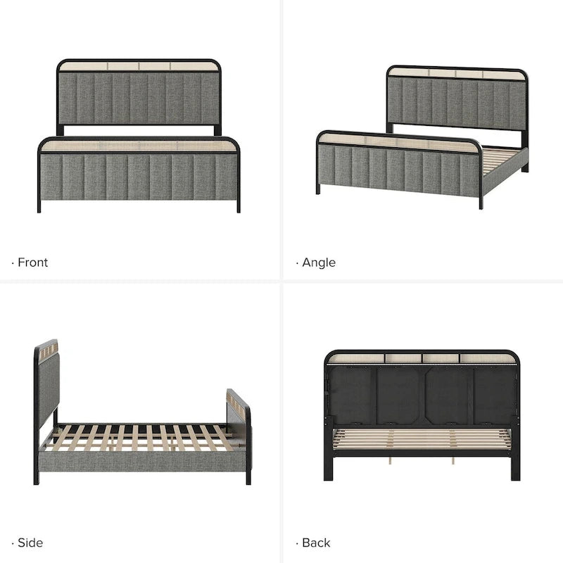 Modern Solid Wood And Rattan Bed (With Led Headboard)