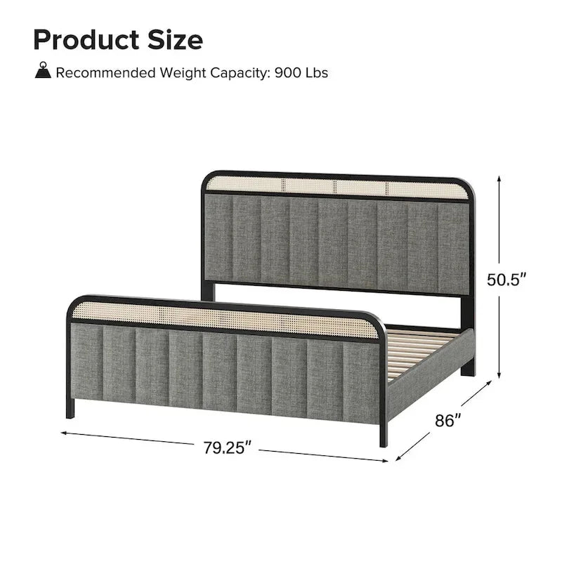 Modern Solid Wood And Rattan Bed (With Led Headboard)