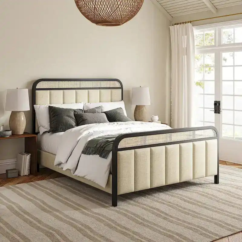 Modern Solid Wood And Rattan Bed (With Led Headboard)
