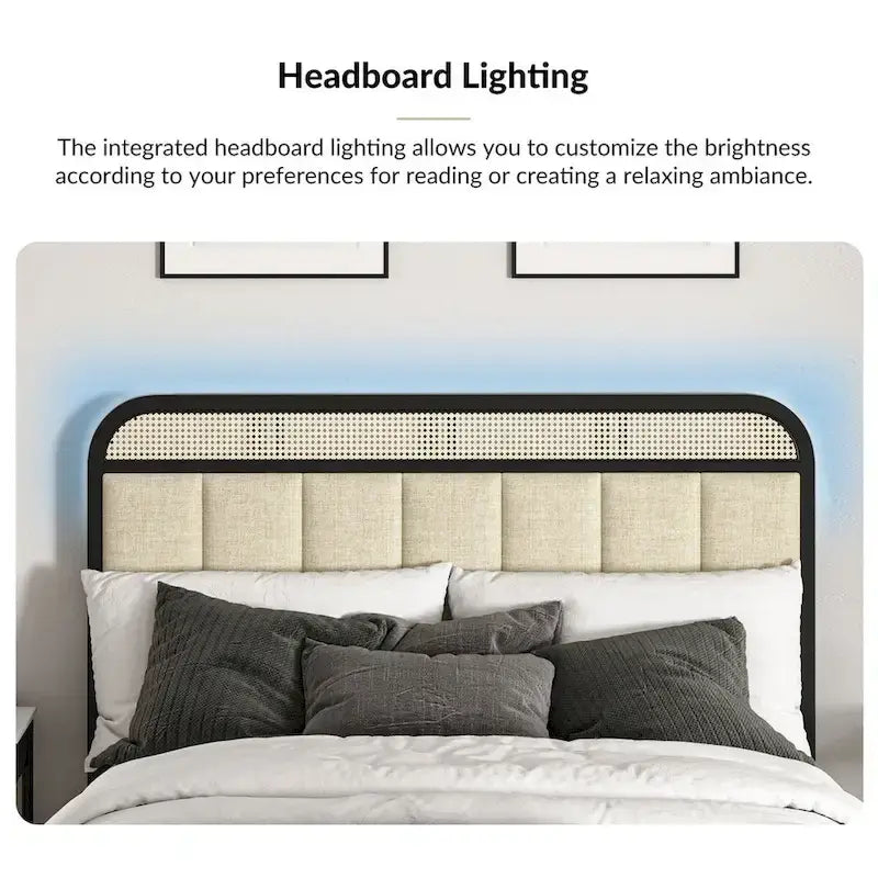 Modern Solid Wood And Rattan Bed (With Led Headboard)