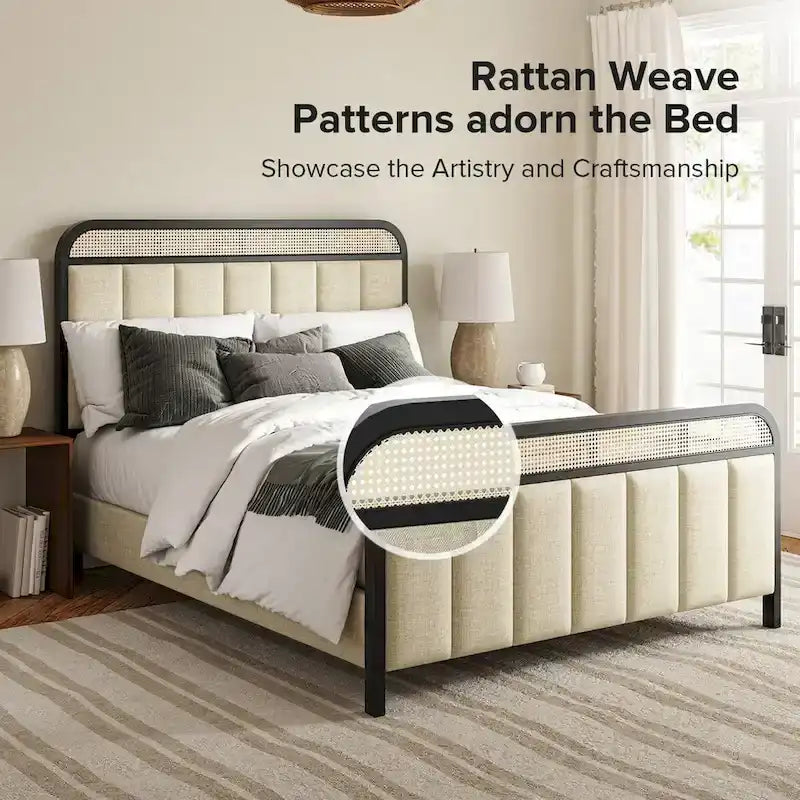 Modern Solid Wood And Rattan Bed (With Led Headboard)