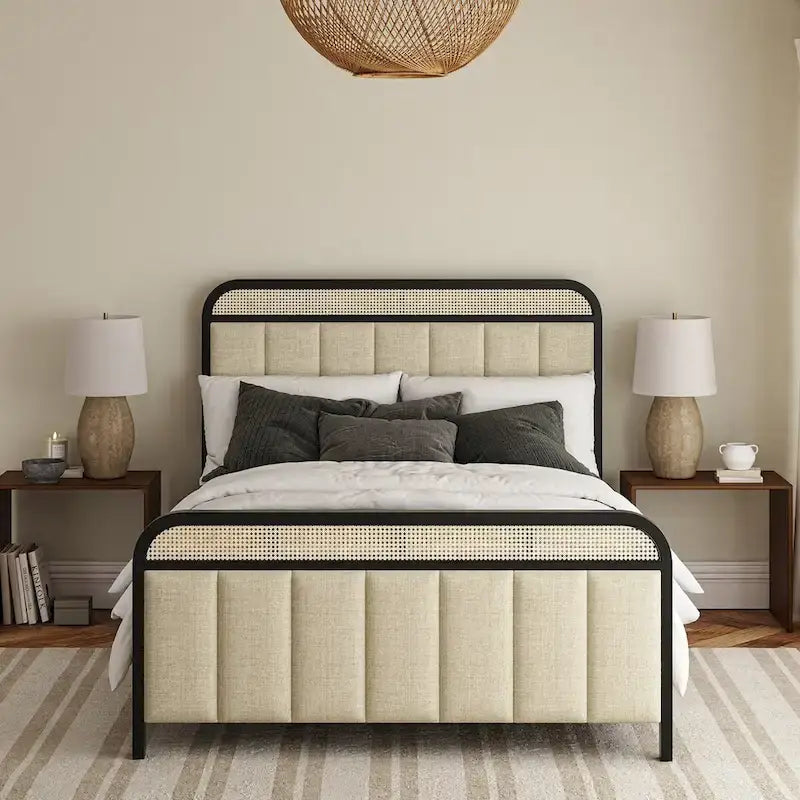 Modern Solid Wood And Rattan Bed (With Led Headboard)