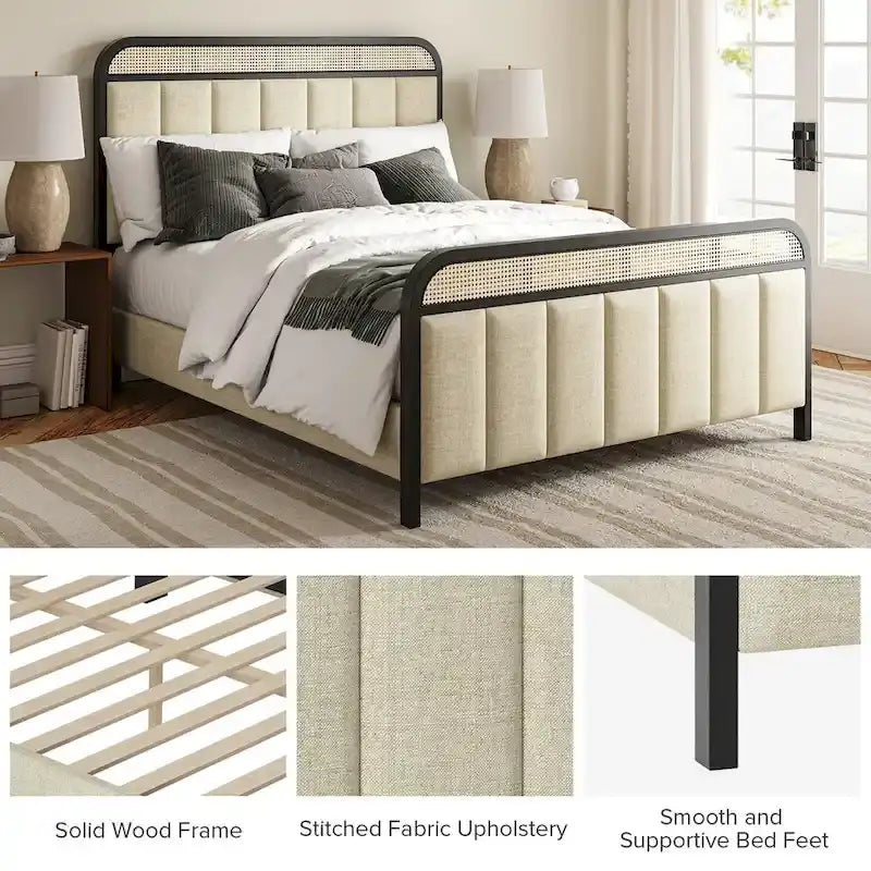 Modern Solid Wood And Rattan Bed (With Led Headboard)