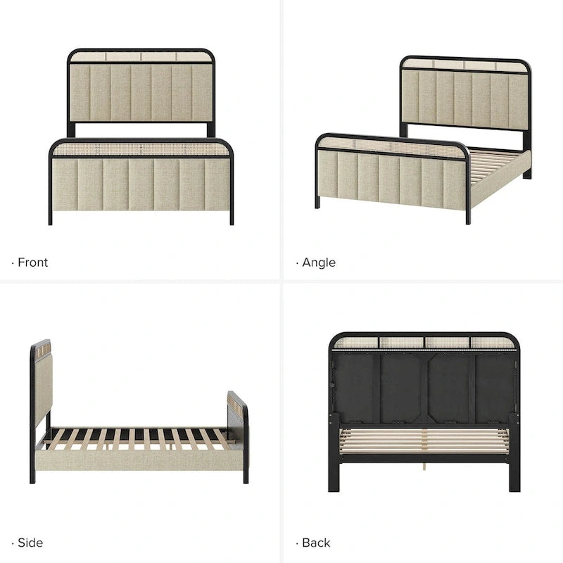 Modern Solid Wood And Rattan Bed (With Led Headboard)