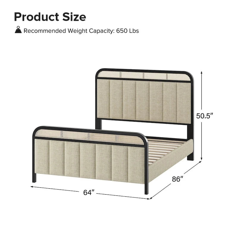 Modern Solid Wood And Rattan Bed (With Led Headboard)