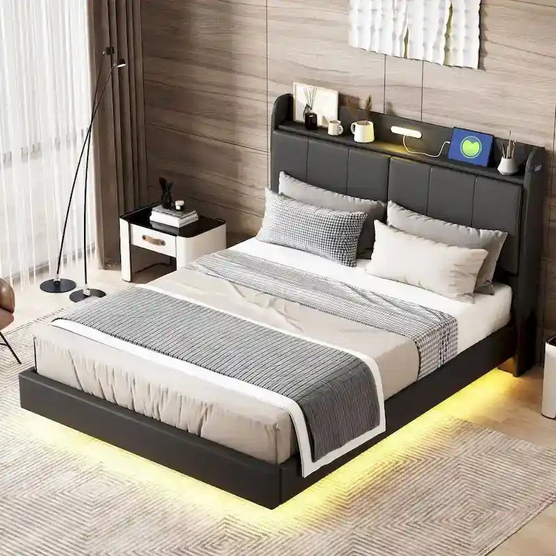 Queen Size Floating Bed Frame with Storage Headboard, Modern Upholstered Platform Bed with USB Ports