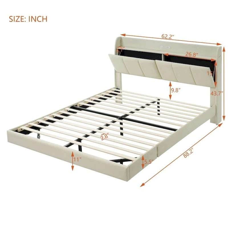 Queen Size Floating Bed Frame with Storage Headboard, Modern Upholstered Platform Bed with USB Ports