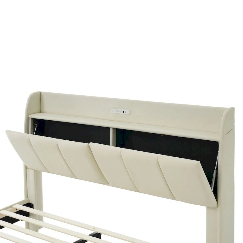 Queen Size Floating Bed Frame with Storage Headboard, Modern Upholstered Platform Bed with USB Ports