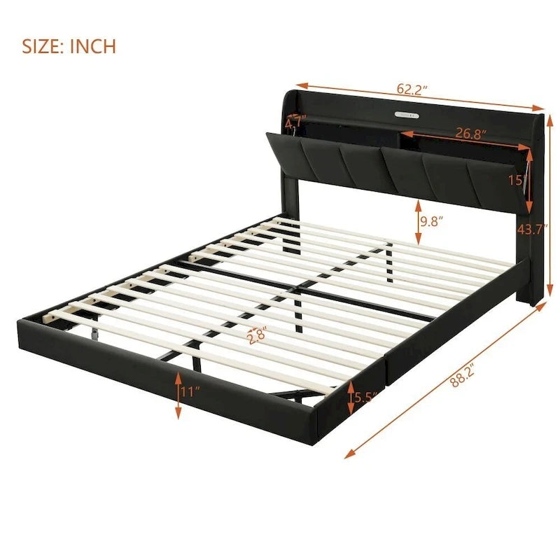 Queen Size Floating Bed Frame with Storage Headboard, Modern Upholstered Platform Bed with USB Ports