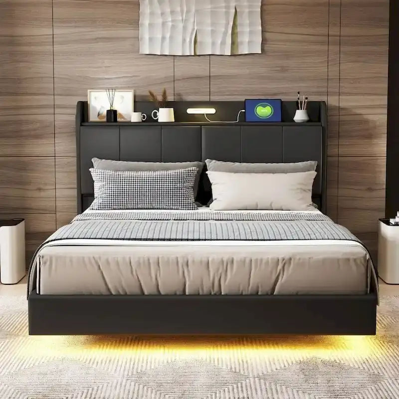 Queen Size Floating Bed Frame with Storage Headboard, Modern Upholstered Platform Bed with USB Ports