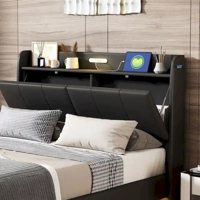 Queen Size Floating Bed Frame with Storage Headboard, Modern Upholstered Platform Bed with USB Ports