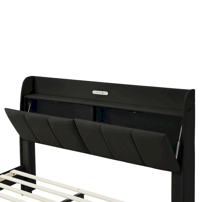 Queen Size Floating Bed Frame with Storage Headboard, Modern Upholstered Platform Bed with USB Ports