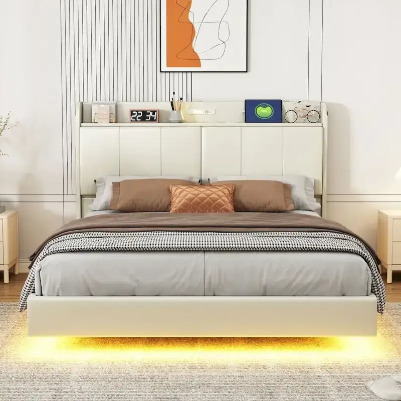 Queen Size Floating Bed Frame with Storage Headboard, Modern Upholstered Platform Bed with USB Ports