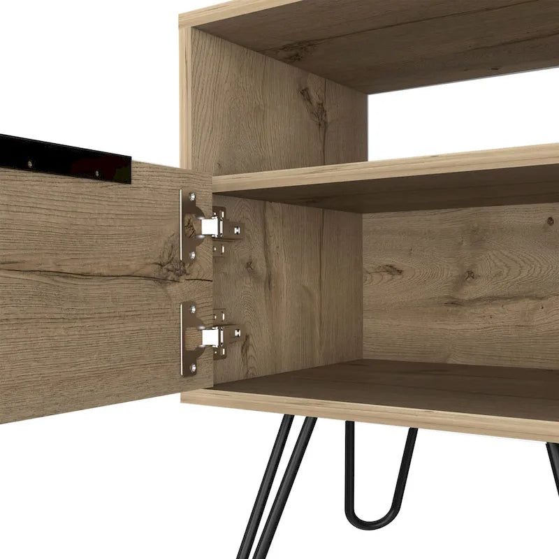 Nightstand 22H, One Open Shelf, Single Door Cabient, Hairpin Legs, Black