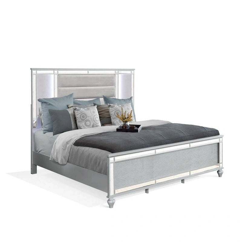 Lio Modern King Size Bed, LED, Mirror Trim, Silver Velvet Tufted Upholstery