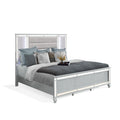 Lio Modern King Size Bed, LED, Mirror Trim, Silver Velvet Tufted Upholstery