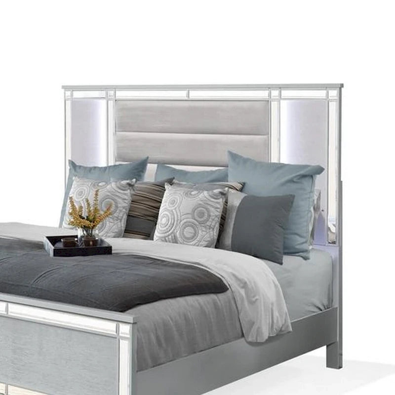 Lio Modern King Size Bed, LED, Mirror Trim, Silver Velvet Tufted Upholstery