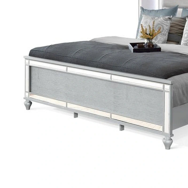 Lio Modern King Size Bed, LED, Mirror Trim, Silver Velvet Tufted Upholstery