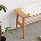Woven Design Natural Oak Wood Dining Bench, Bed Bench, Entryway Bench, for Dining Room, Bedroom, Bathroom