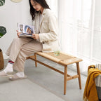 Woven Design Natural Oak Wood Dining Bench, Bed Bench, Entryway Bench, for Dining Room, Bedroom, Bathroom
