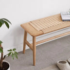 Woven Design Natural Oak Wood Dining Bench, Bed Bench, Entryway Bench, for Dining Room, Bedroom, Bathroom