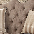Scrolled Crown Top Fabric Loveseat with Cabriole Legs, Gray and White